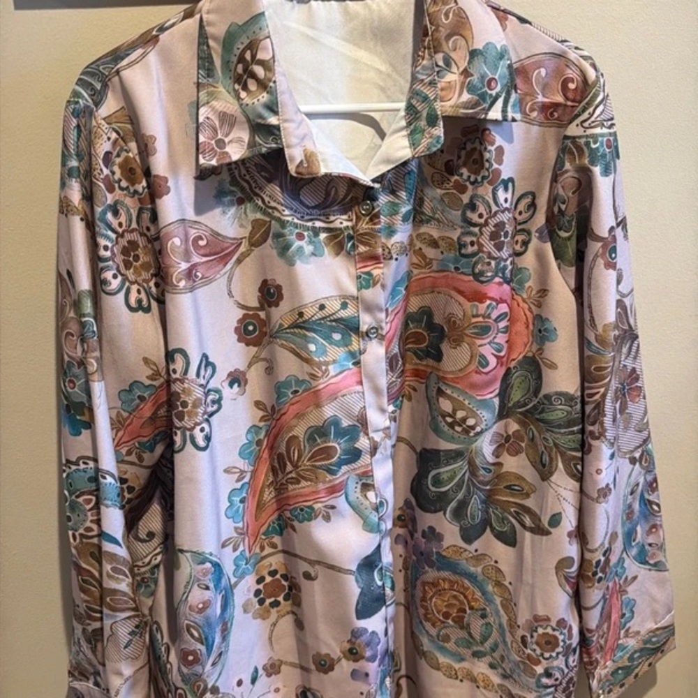 Womens Paisley Long Sleeve Button-Up Top - Pink & Teal
